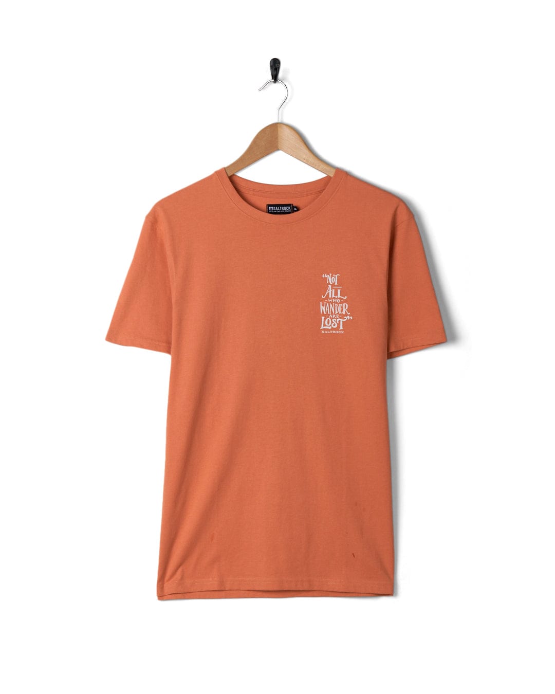 A Saltrock Lost Ships - Mens Short Sleeve T-Shirt in orange with a white logo.