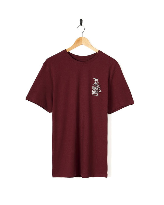 A Saltrock Lost Ships - Mens Short Sleeve T-Shirt - Dark Red with a white logo on it.