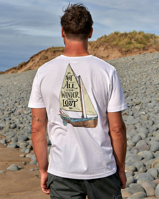 A versatile Saltrock man's t-shirt, the Lost Ships Short Sleeve T-Shirt - White, featuring a sailboat design.