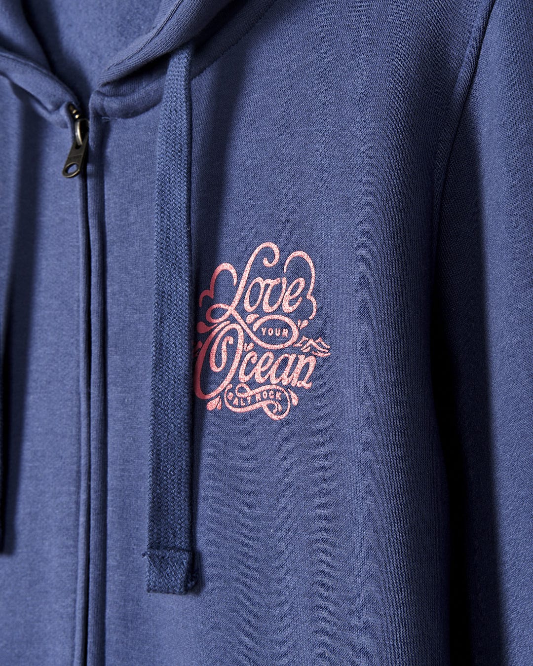 A Love Your Ocean - Womens Zip Hood - Dark Blue hoodie with the brand name Saltrock on it.