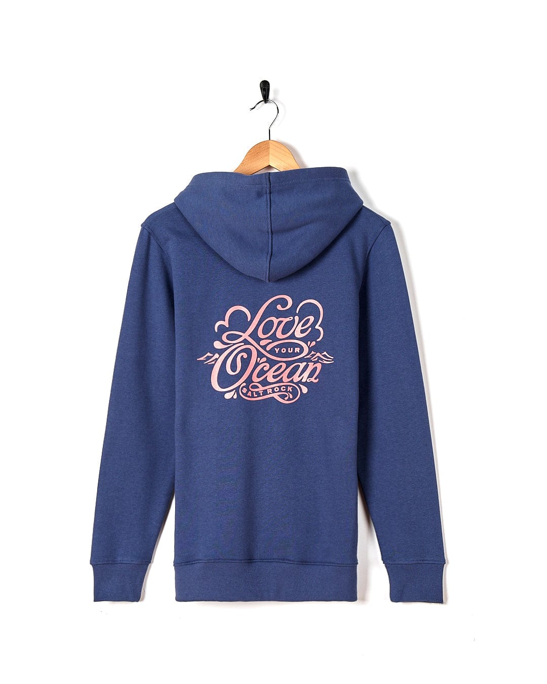 A Love Your Ocean - Womens Zip Hood - Dark Blue hoodie with the Saltrock brand on it.