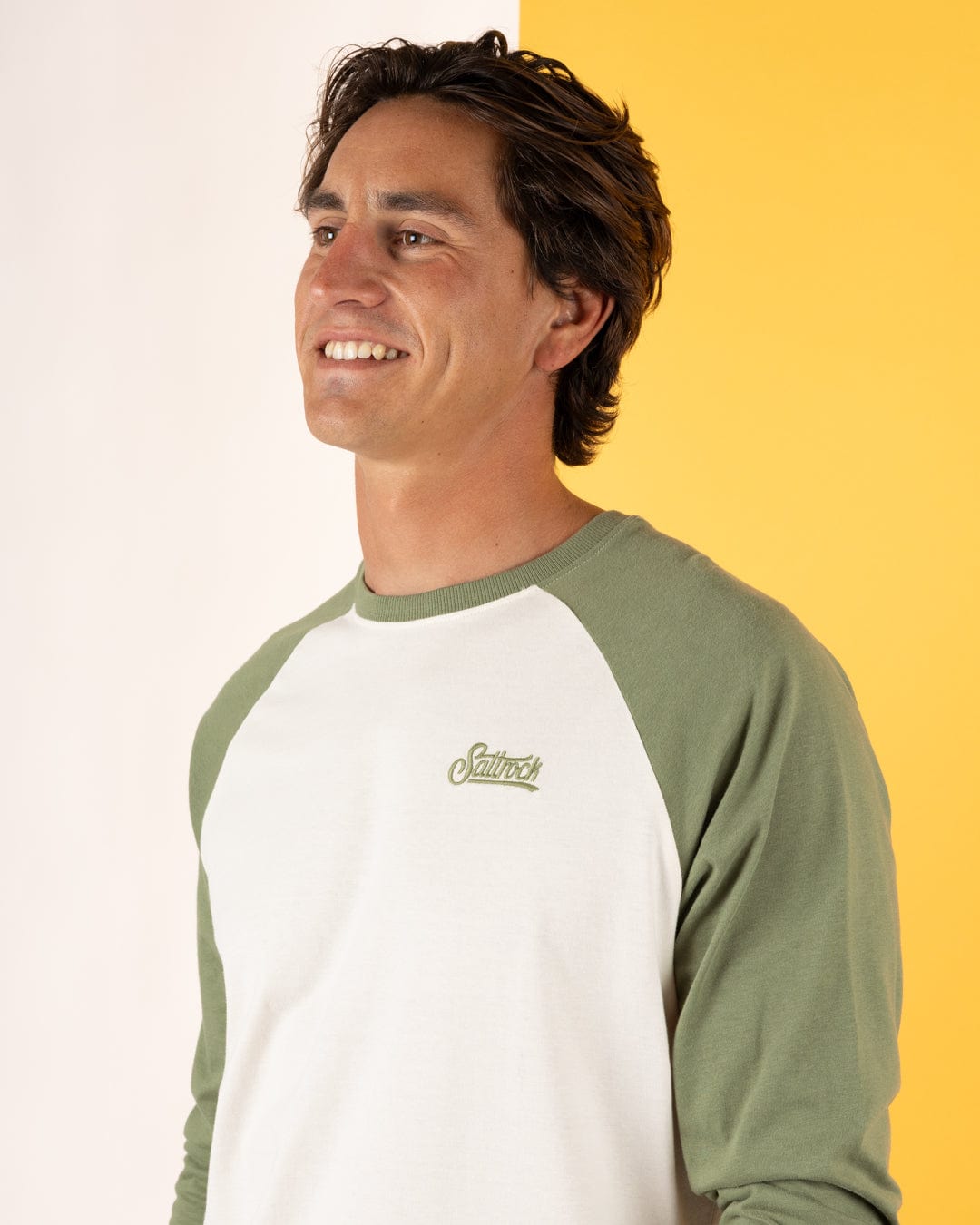 Pitcher Embroidery - Mens Raglan Long Sleeve T-Shirt - Green