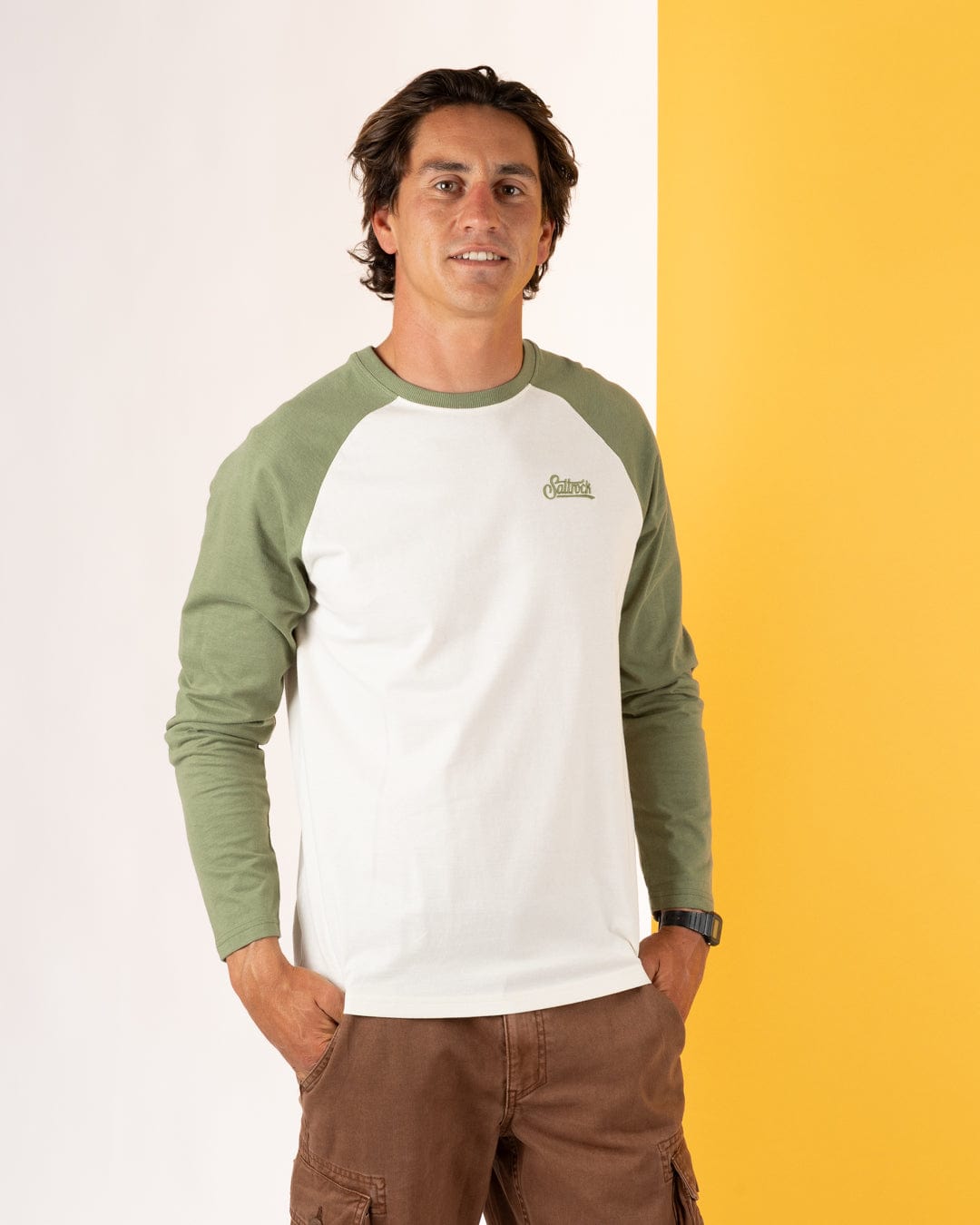 Pitcher Embroidery - Mens Raglan Long Sleeve T-Shirt - Green