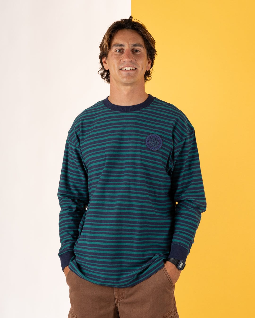 Original SR Badge - Mens Oversized Striped Long Sleeve T-Shirt  - Teal