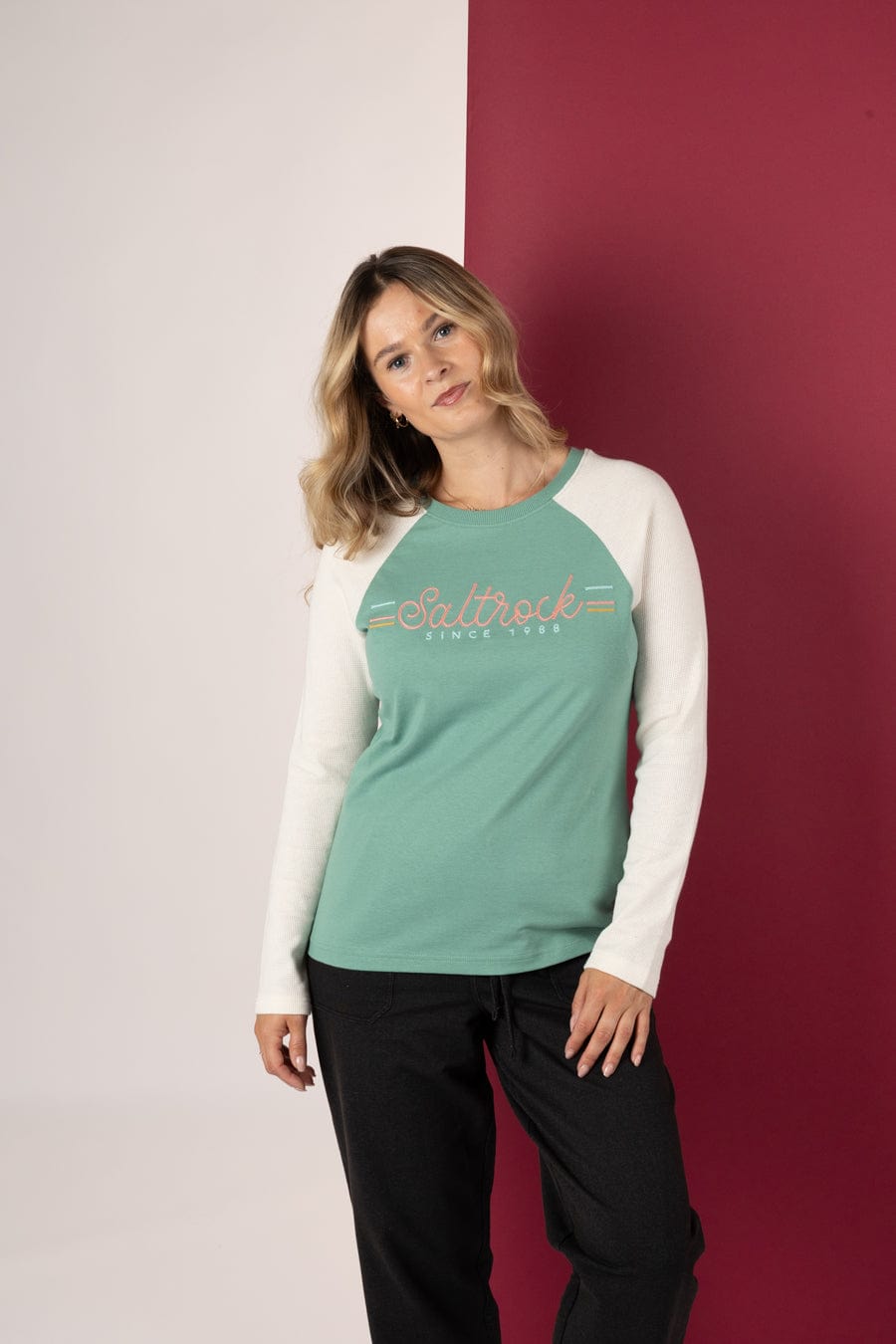 Links Waffle - Womens Raglan Long Sleeve T-Shirt - Blue/Cream