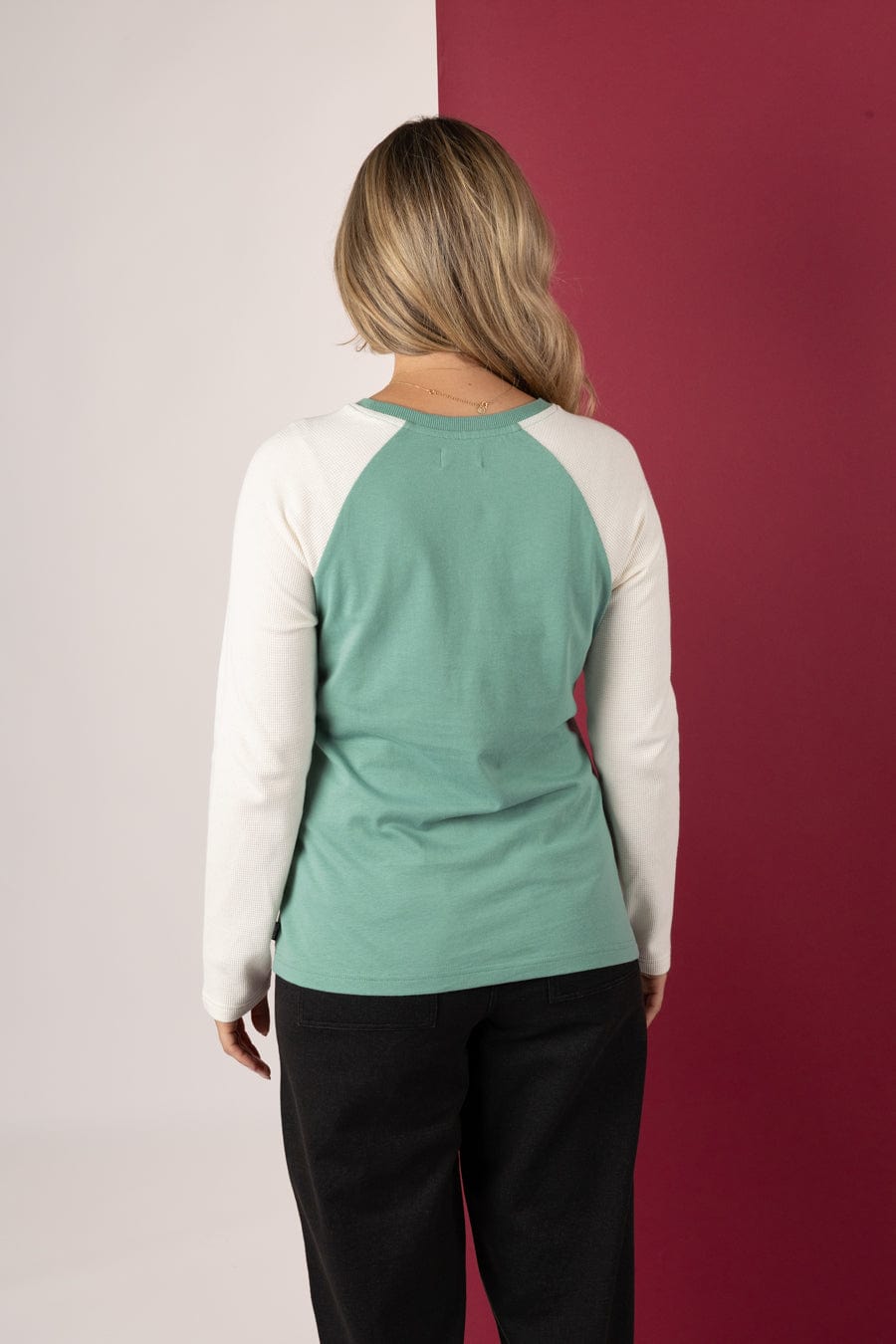 Links Waffle - Womens Raglan Long Sleeve T-Shirt - Blue/Cream