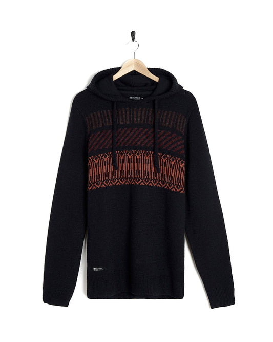 A Lukas - Mens Knitted Hoodie by Saltrock, with an orange and black pattern, perfect for the fall and winter season.
