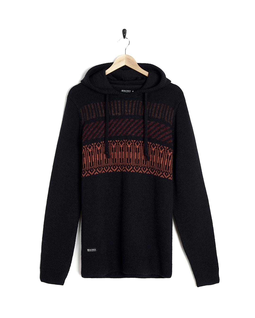 A Lukas - Mens Knitted Hoodie - Dark Blue from Saltrock with an orange and black pattern.