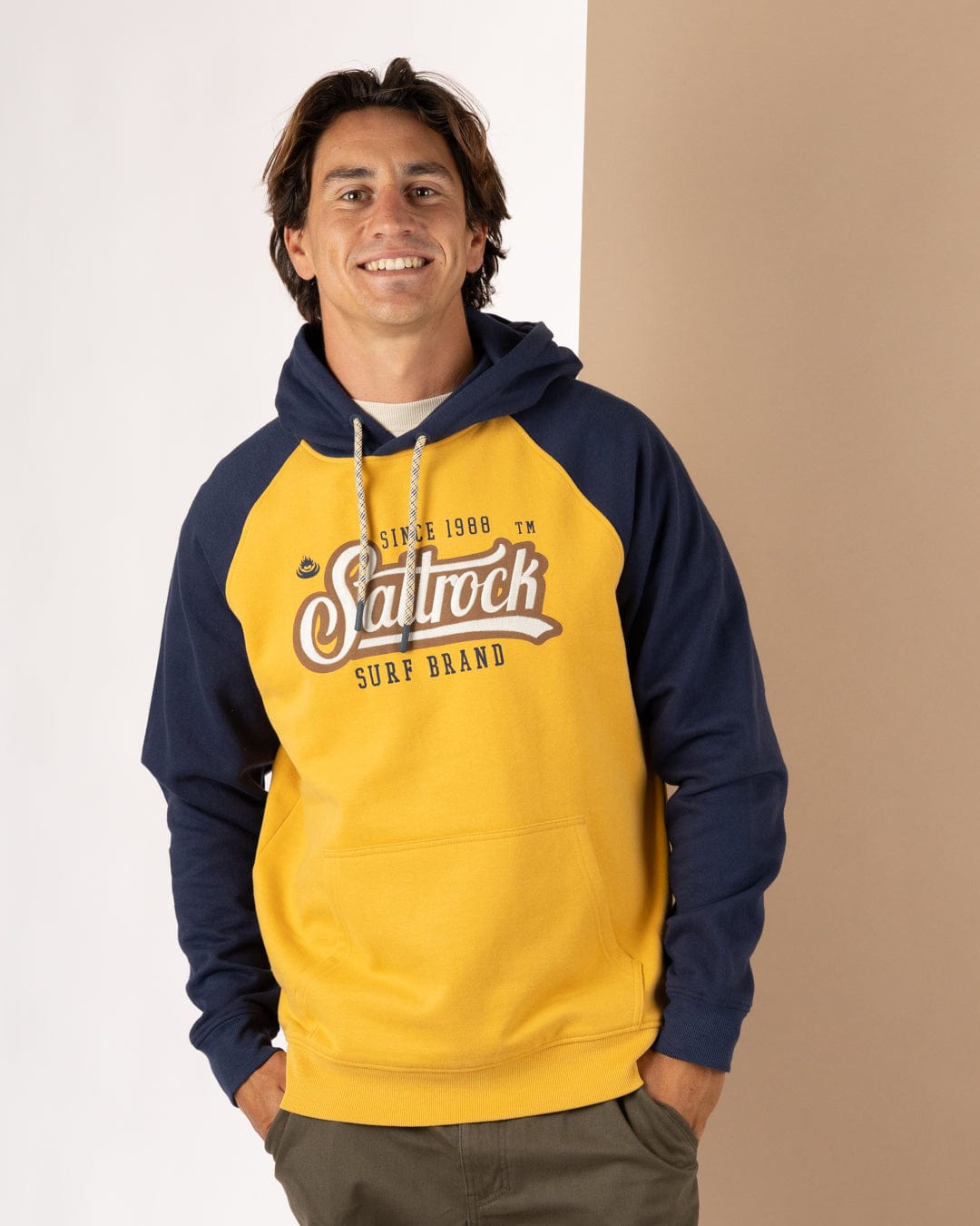 Pitcher Raglan - Mens Pop Hoodie - Yellow/Blue