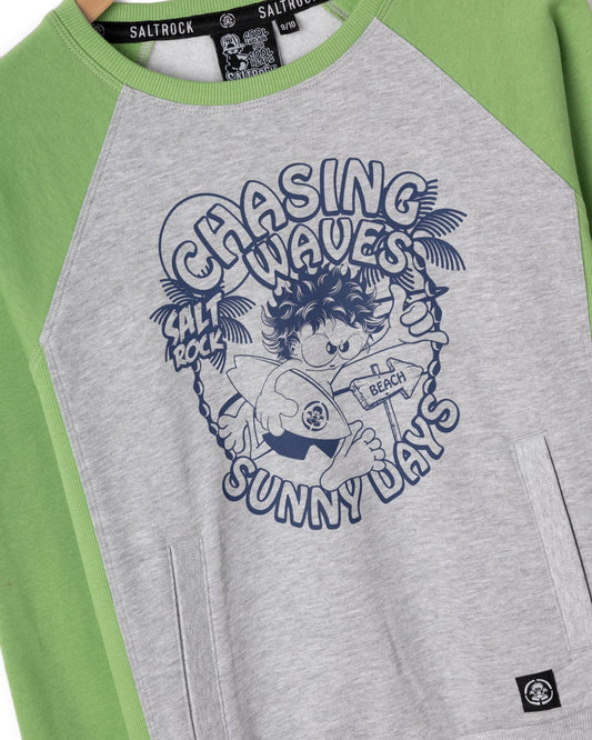 Chasing Waves - Kids Recycled Raglan Sweat - Grey/Green