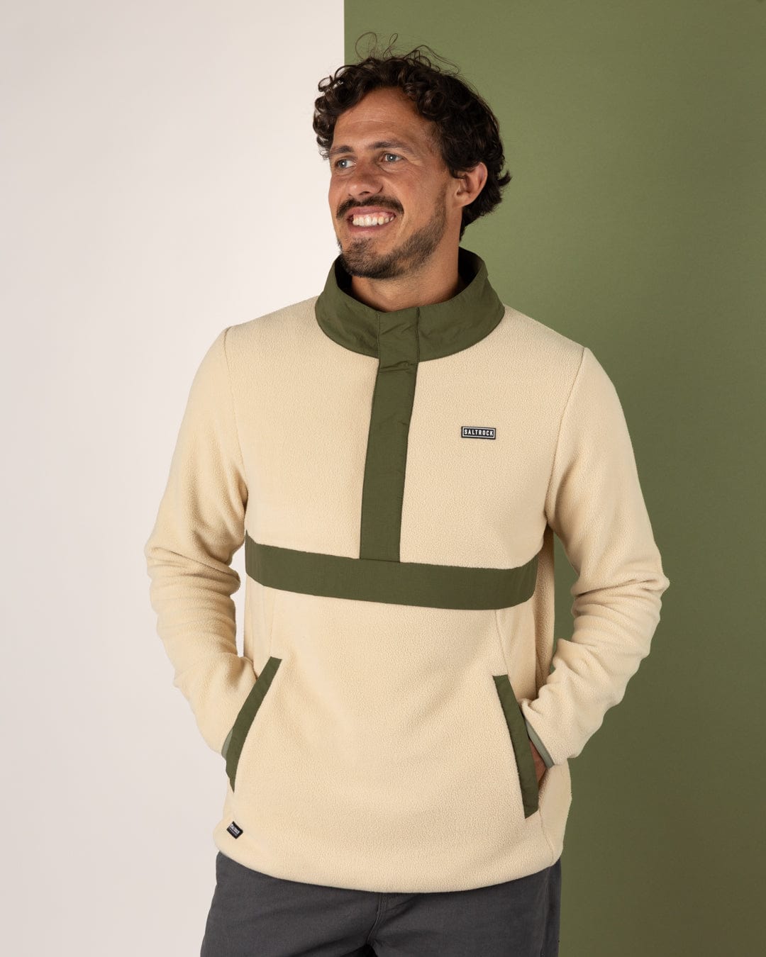 Isaac - Mens 1/4 Neck Fleece - Cream/Green