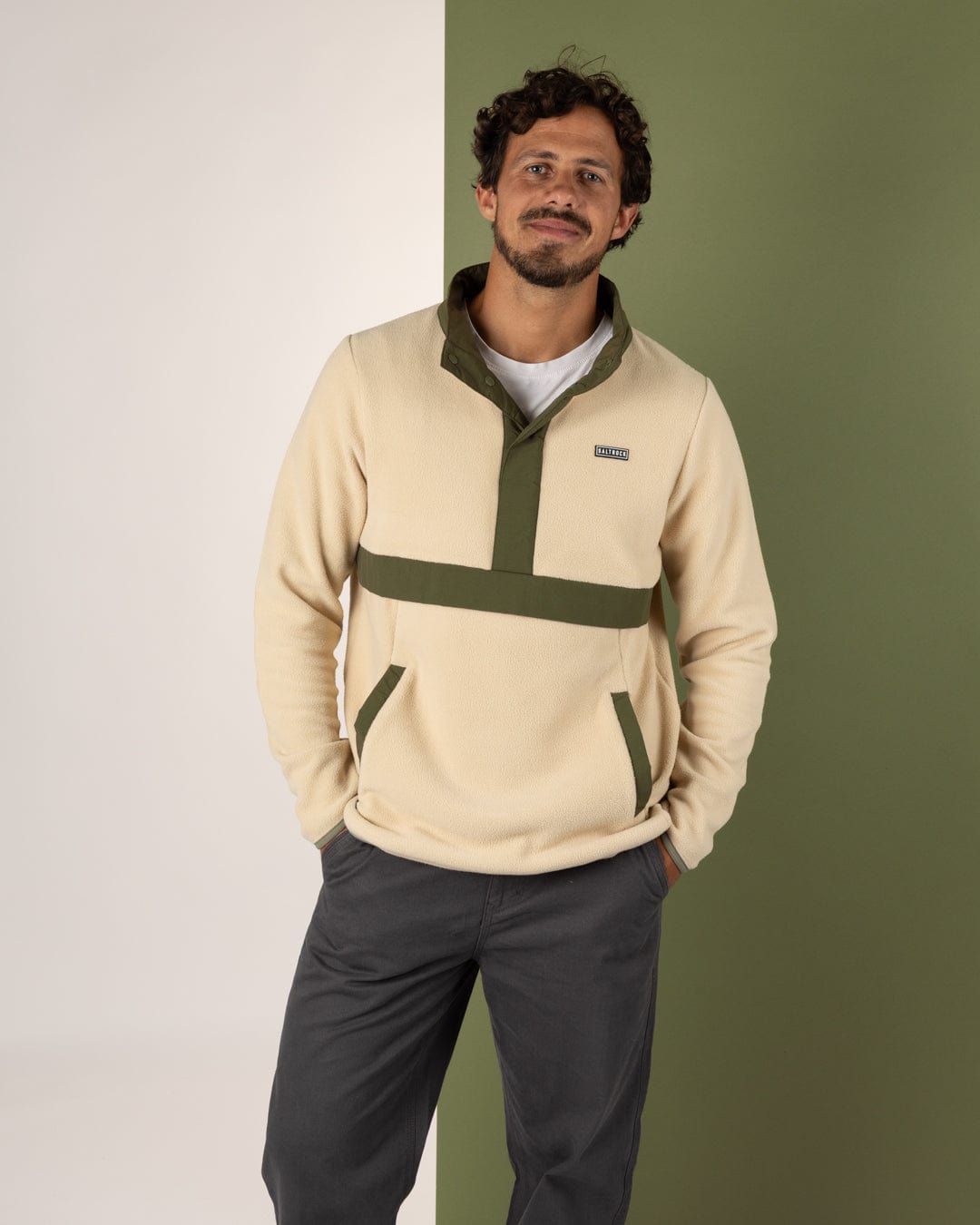 Isaac - Mens 1/4 Neck Fleece - Cream/Green