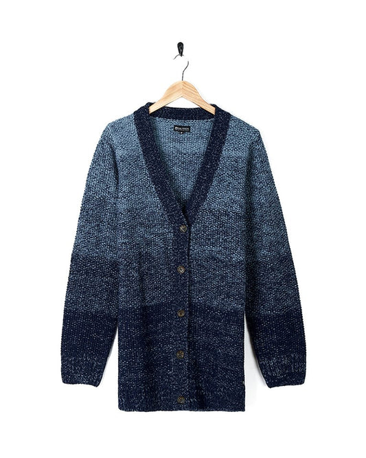 A Saltrock Lynton - Womens Button Cardigan - Dark Blue on a hanger.