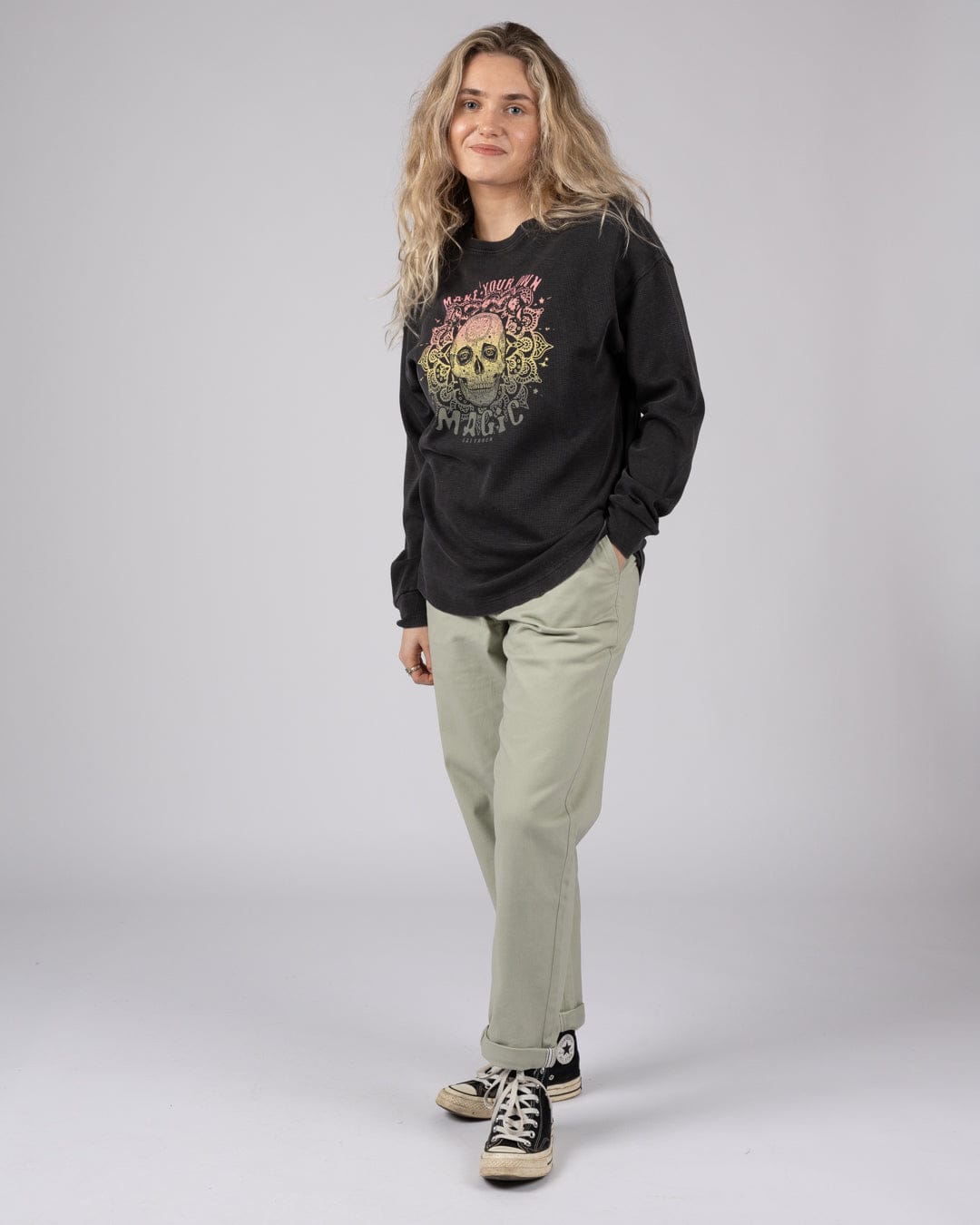 Make Magic Womens Oversized Long Sleeve T-Shirt in Dark Grey