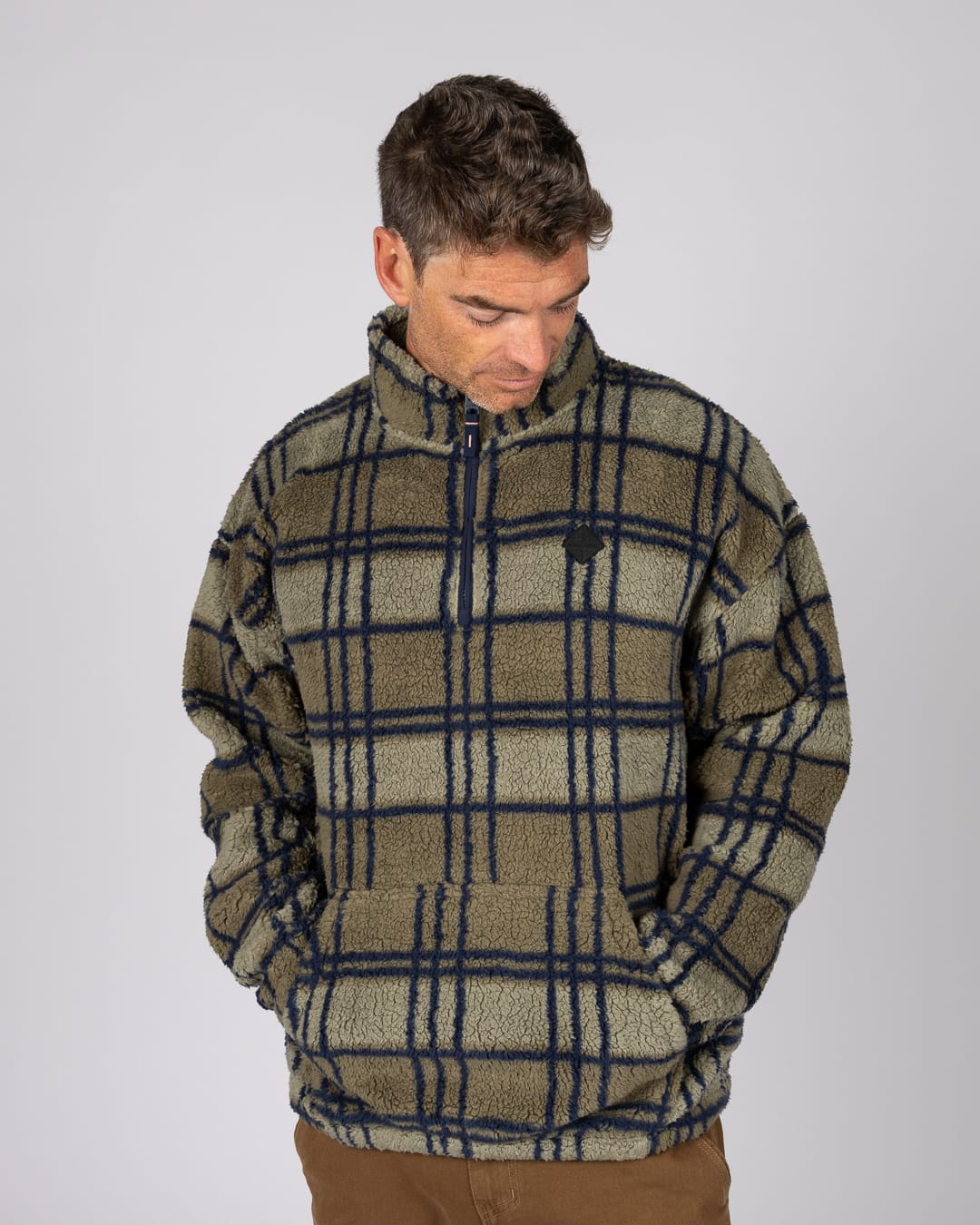 Peninsula Mens Checked 1/4 Neck Fleece In Dark Green
