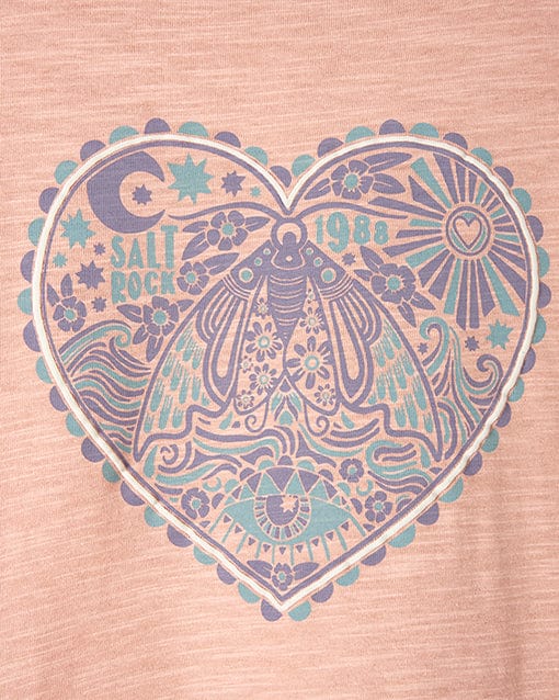 A Magic Moth - Kids Short Sleeve T-Shirt - Pink by Saltrock with a heart design on it.