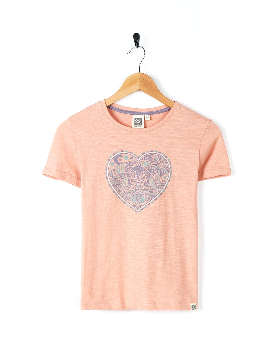 A Magic Moth - Kids Short Sleeve T-Shirt - Pink with a heart graphic. (Saltrock)