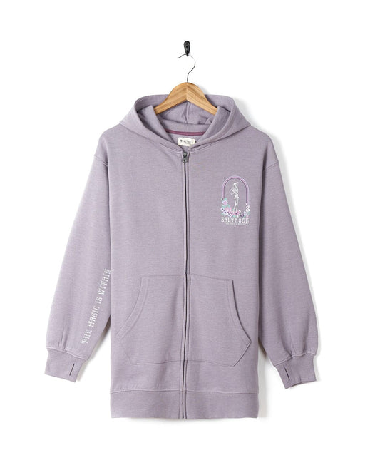 A purple Saltrock zip hoodie with an embroidered Magic Within logo on it.