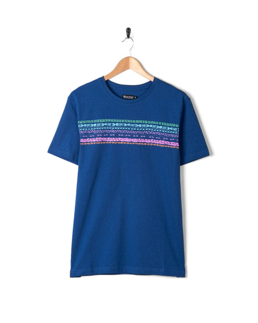 A Marks Chest - Mens Short Sleeve T-Shirt - Blue from Saltrock with a colorful stripe on it.