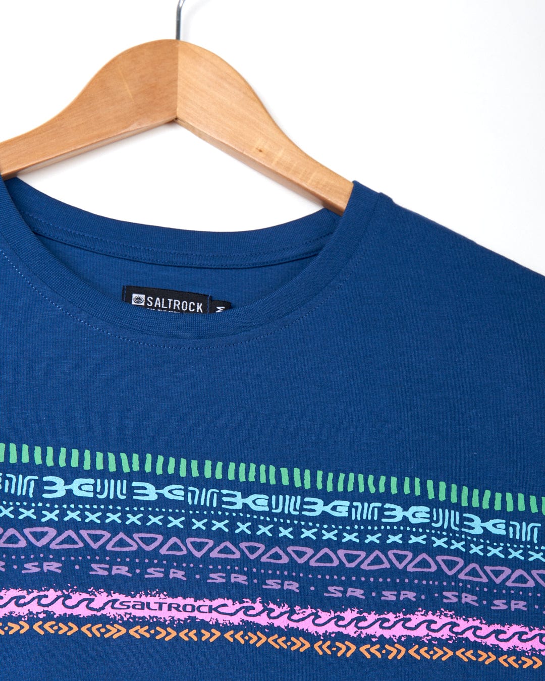 A blue Saltrock Cotton t-shirt with an aztec pattern on it.
