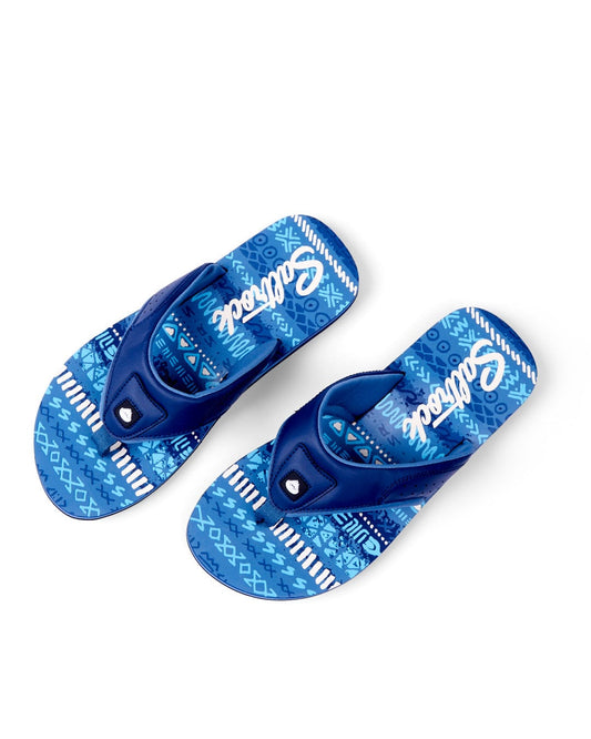 A pair of Marks - Mens Flip Flops - Blue with all over print soles and Saltrock branded straps, displayed on a white background.