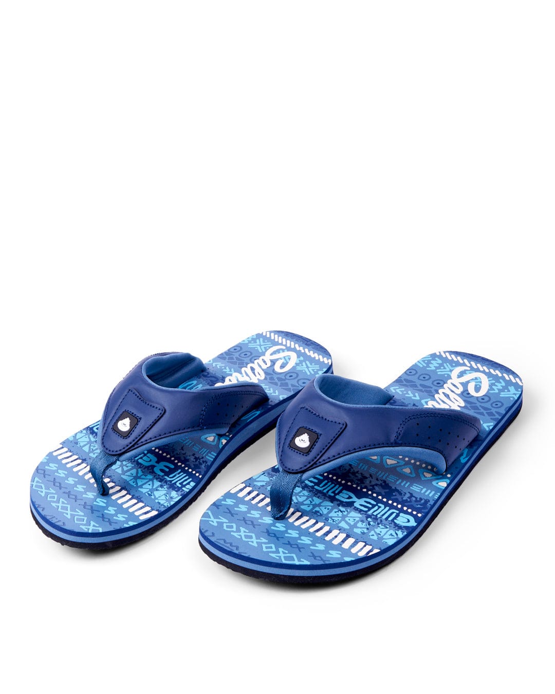 A pair of Marks Mens Flip Flops - Blue with patterned soles and Saltrock branded straps on a white background.