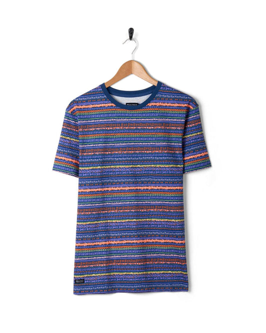 A striped shirt with Aztec print on a Saltrock Marks - Mens Short Sleeve T-Shirt - Purple.
