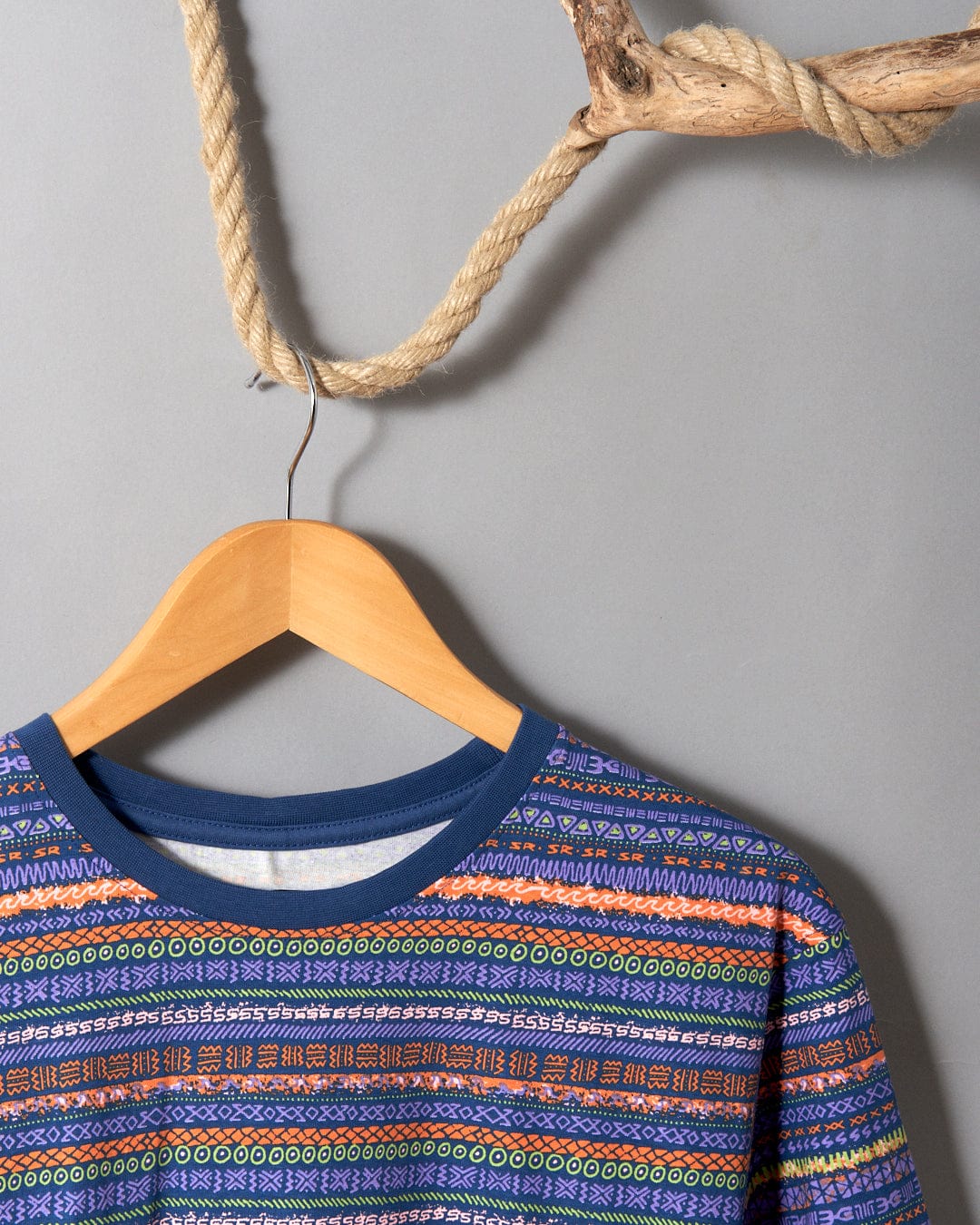 A soft hand feel, colorful striped Marks - Mens Short Sleeve T-Shirt in Purple hanging on a rope by Saltrock.
