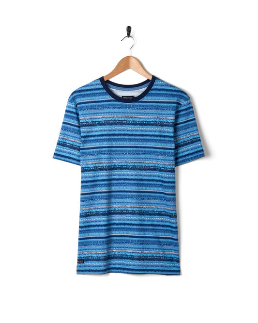 A Marks - Mens Short Sleeve T-Shirt - Blue from Saltrock hanging on a hanger.
