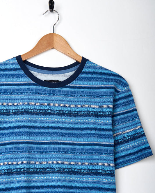 A Saltrock Marks - Mens Short Sleeve T-Shirt - Blue hanging on a hanger, made of cotton.
