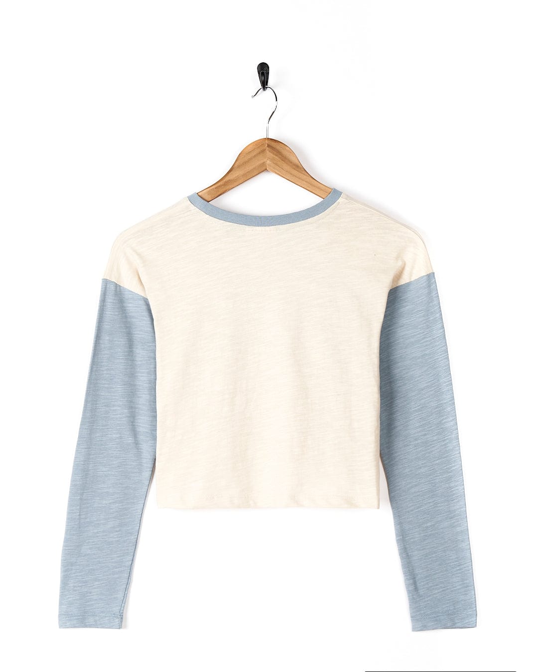 A comfortable Meadow - Kids Long Sleeve Cropped T-Shirt - Cream with blue sleeves by Saltrock.