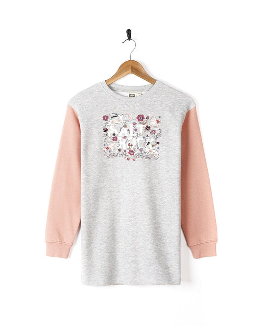 A grey and pink Meadow - Kids Sweatdress - Grey sweatshirt with flowers on the sleeves, combining comfort and style from Saltrock.