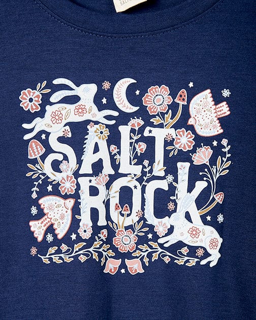 The Saltrock Meadow - Kids T-Shirt - Dark Blue is a stylish and comfortable t-shirt, perfect for kids. Featuring the iconic Saltrock branding, this tee showcases the words "salt rock" in a trendy design.