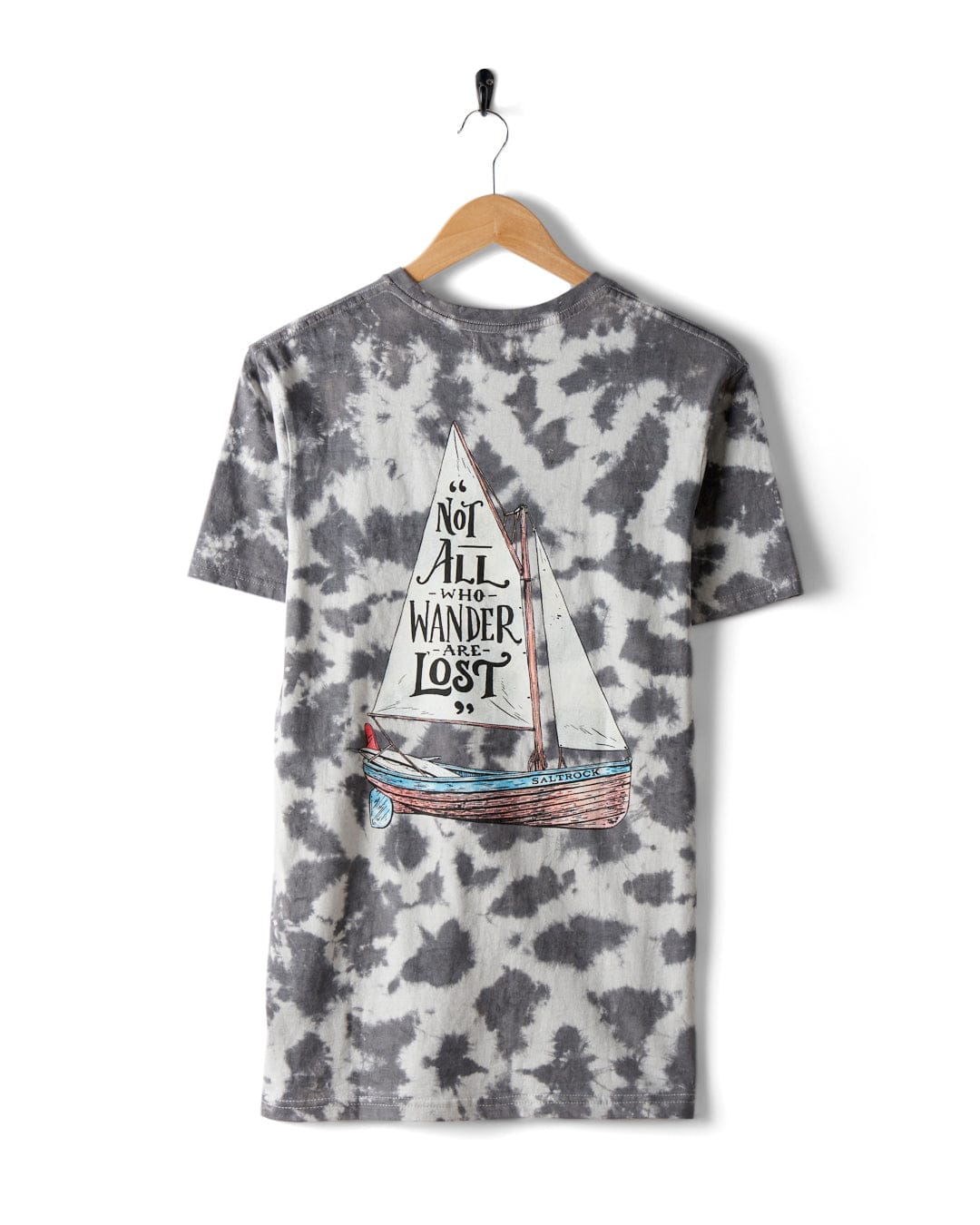 The Saltrock Lost Ships Men's Tie Dye T-Shirt in grey features a sailboat and "Not all who wander are lost" on the back, crafted from soft cotton for comfort.