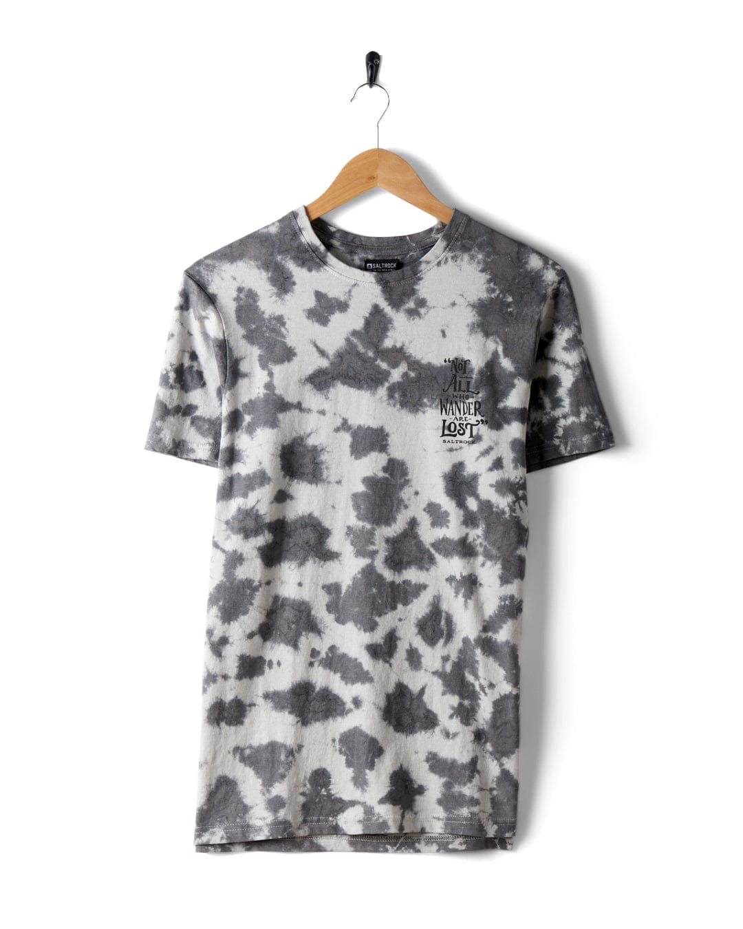The Lost Ships men's tie-dye T-shirt in grey by Saltrock features a black and white cotton design, a small "MIND OVER LOST" graphic on the left chest, and is shown on a wooden hanger.