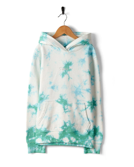 A Saltrock Mermaid Surf - Kids Tie Dye Pop Hoodie in shades of teal and white, hanging on a wooden hanger against a white background.