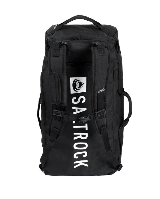 A black backpack with the word Saltrock on it.