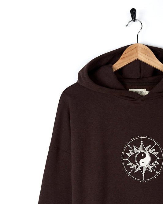 A Saltrock mocha hoodie with a stylish sun and moon design that offers cozy comfort.