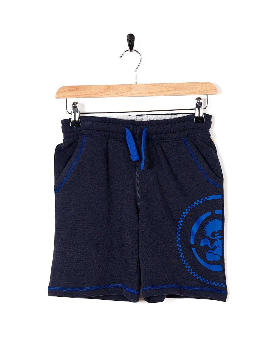 A boy's Morte Point - Kids Sweat Shorts - Blue with a Saltrock logo on it.