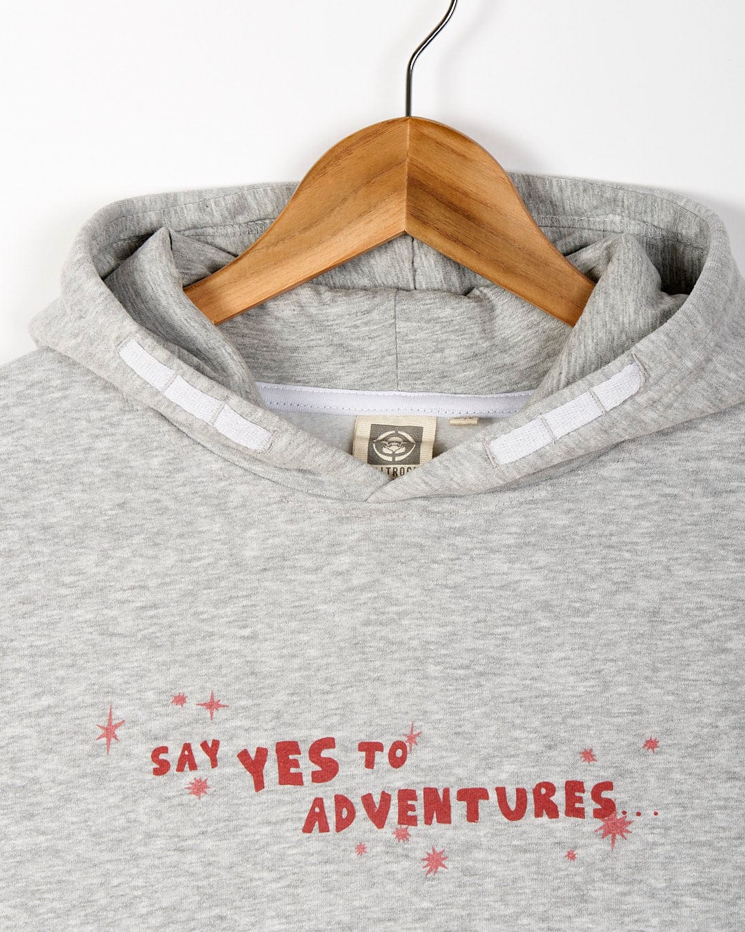 Say yes to the Mountain Adventure - Kids Hoodie - Grey with Saltrock branding.