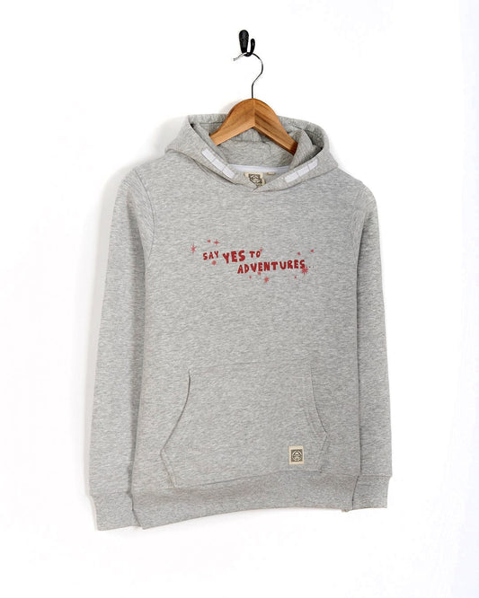 A Mountain Adventure - Kids Hoodie - Grey with the words 'save the world' embroidered on it, featuring Saltrock branding.