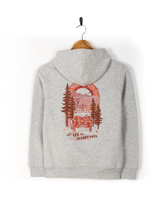 A Mountain Adventure - Kids Hoodie - Grey featuring the Saltrock branding, with an image of a tree and mountains.