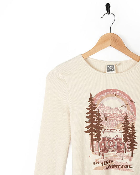 A ribbed jersey long-sleeve tee with an image of a Mountain Adventure - Kids Long Sleeve T-Shirt - Cream and trees, made by Saltrock.