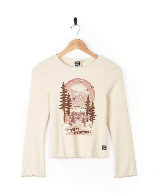 A Saltrock Mountain Adventure long-sleeved t-shirt with a mountain scene graphic.