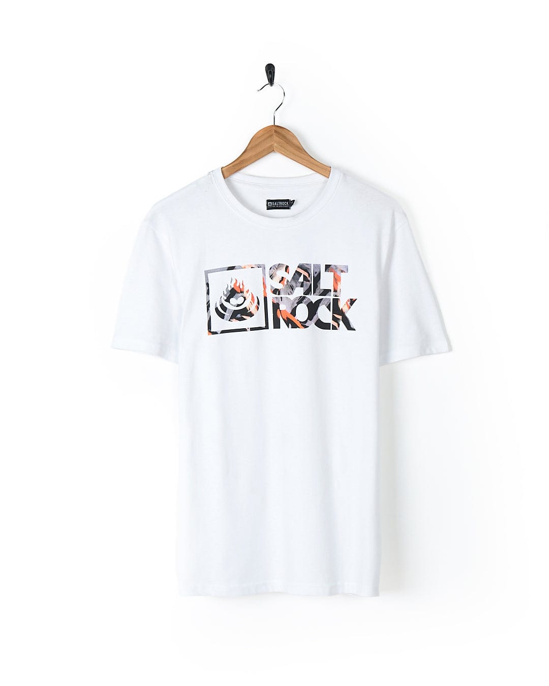 A white Mountain Logo - Mens Short Sleeve T-Shirt - White with the word rock on it, featuring the Saltrock branding.
