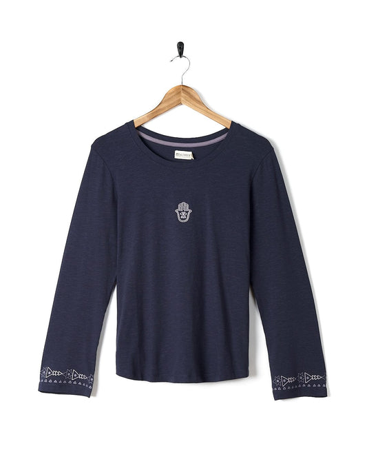 A Saltrock women's navy long sleeve t - shirt with embroidery.