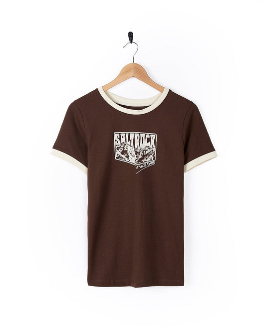 A brown Mountain Roaming - Womens Short Sleeve T-Shirt with a white Saltrock branding logo on it.