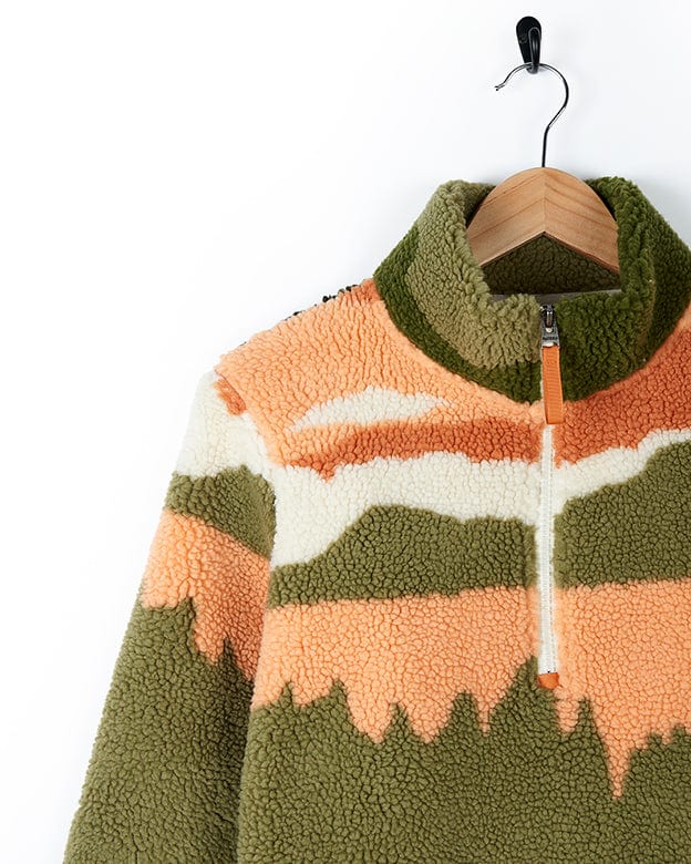 A Mountain Scape - Womens 1/4 Fleece - Orange sweater by Saltrock with a green, orange, and brown pattern.