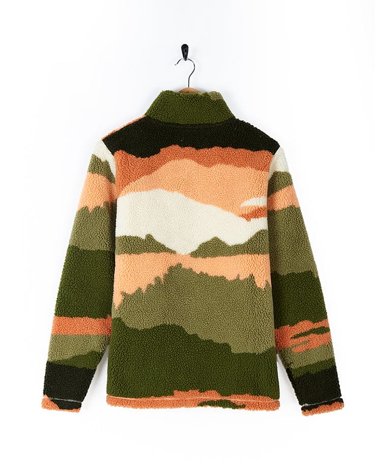A green, orange, and brown Mountain Scape - Womens 1/4 Fleece - Orange sherpa jacket hanging on a hanger. (Brand: Saltrock)