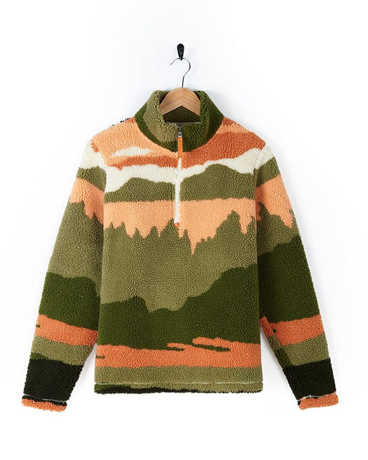 A green and orange Mountain Scape - Womens 1/4 Fleece - Orange sweater with a camouflage pattern. By Saltrock.